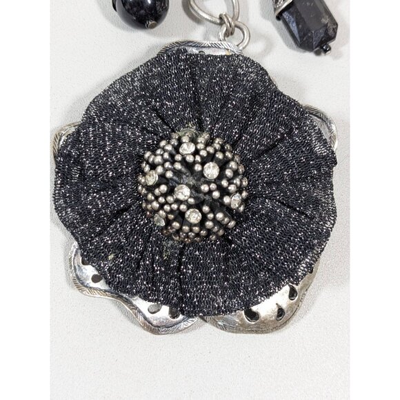 Bali Style Coastal Black Flower Rhinestone Pendant Charm Necklace Bold 22 in - Picture 2 of 11